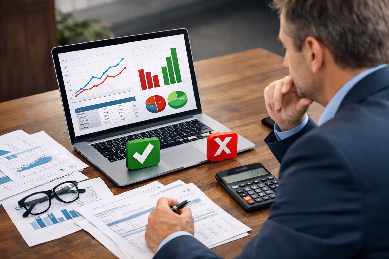 Entrepreneur analyzing revenue, credit, and lending requirements on laptop