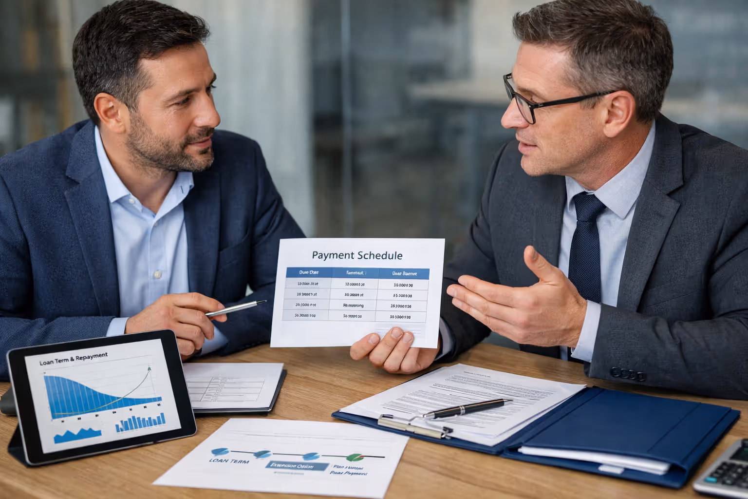 Business owner discussing loan terms with a lender in a meeting