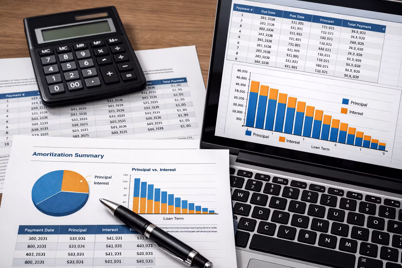 Loan amortization schedule with calculator and financial analysis tools