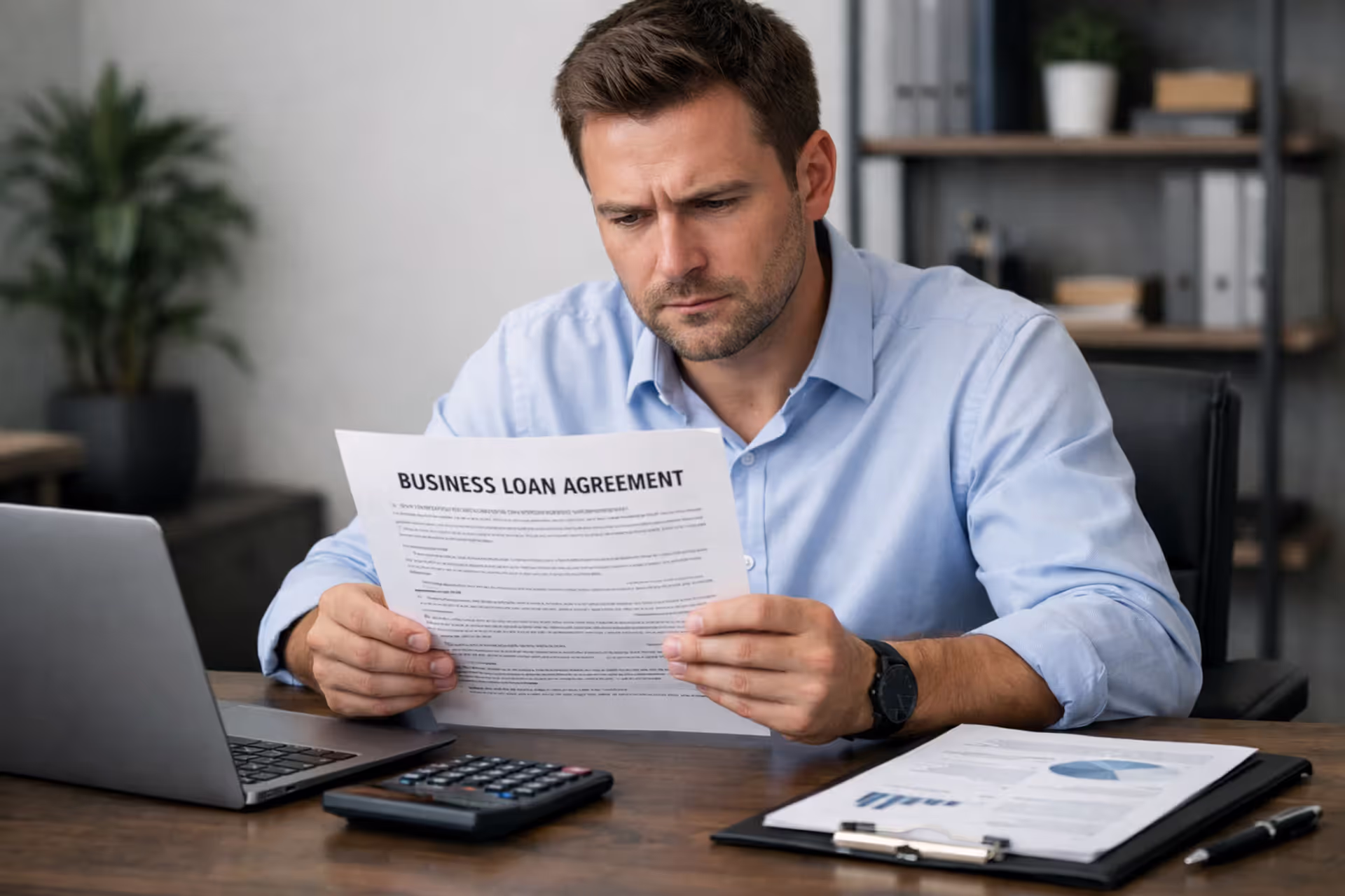 Business owner reviewing a loan agreement at an office desk