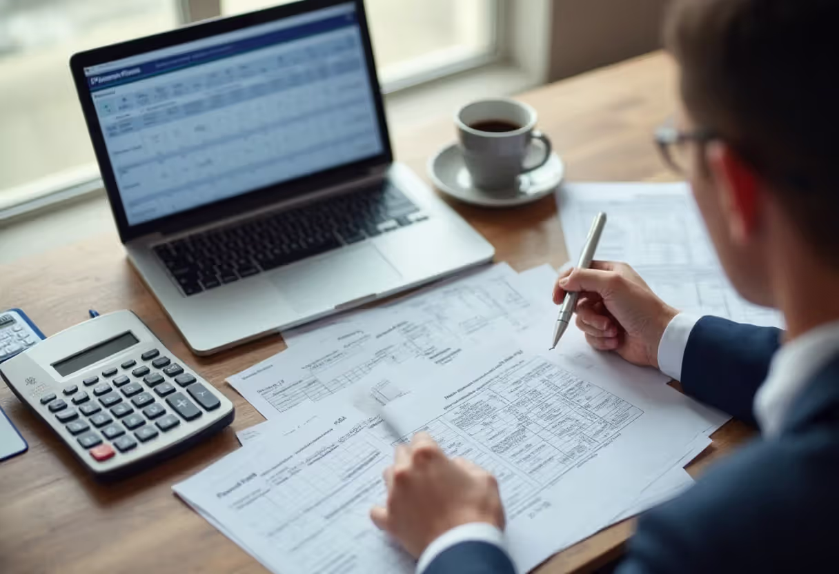 Business owner reviewing fixed loan repayment schedule and financial planning documents