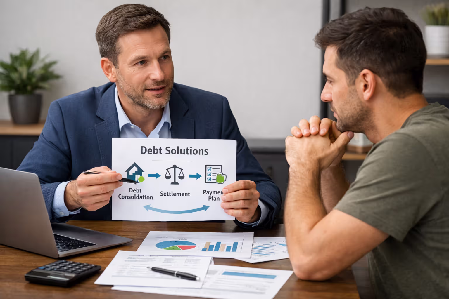 Financial advisor discussing debt consolidation options with a client