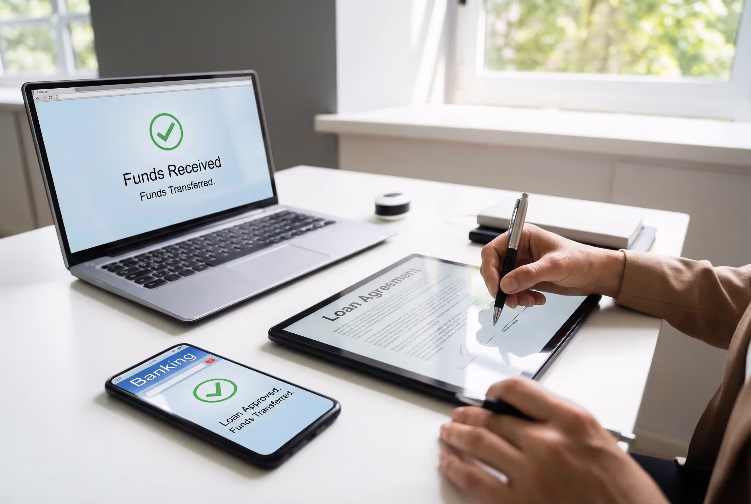 Borrower signing a loan agreement before receiving funds