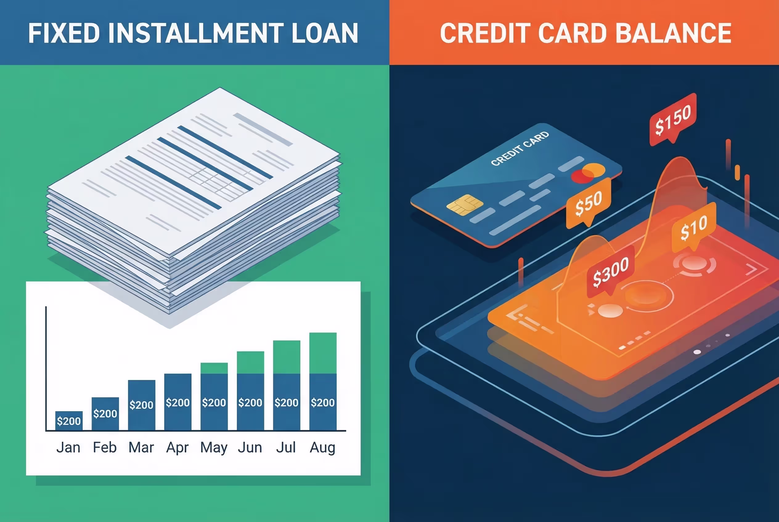 Side-by-side comparison of installment loan and revolving credit