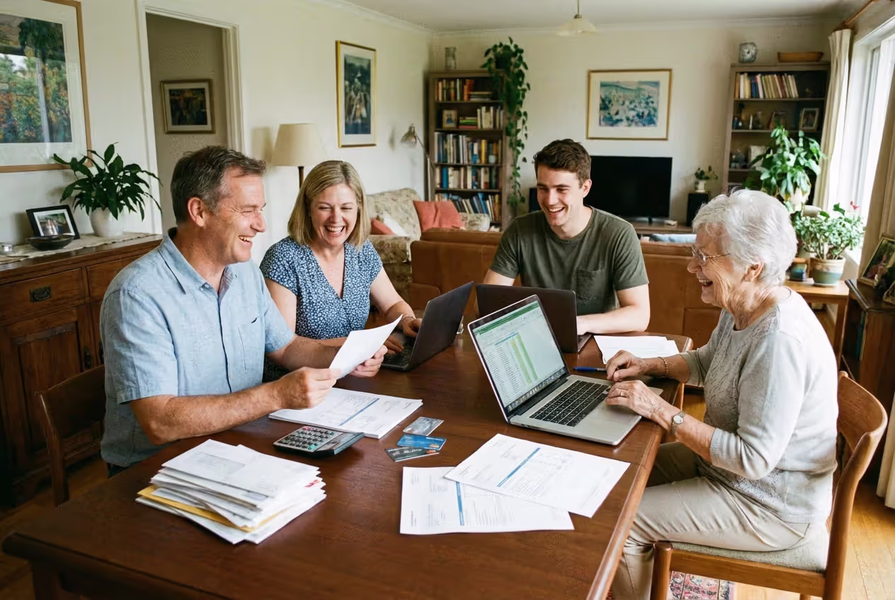 Multigenerational household gathered in a living room