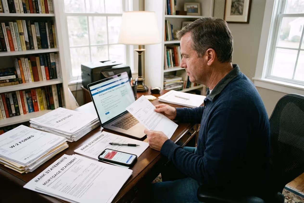 Homeowner preparing income and banking documents for a HELOC application