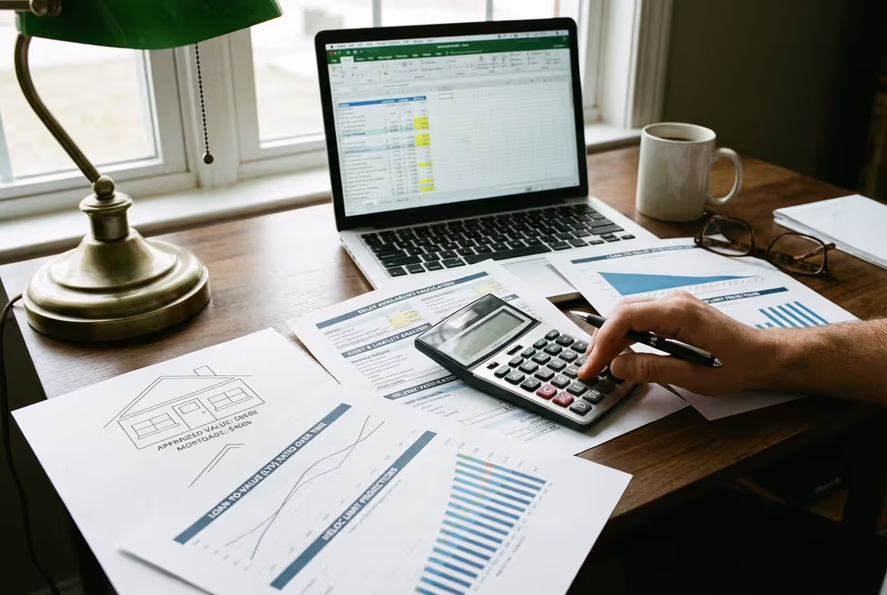Financial calculation of home equity and loan-to-value ratio on a desk