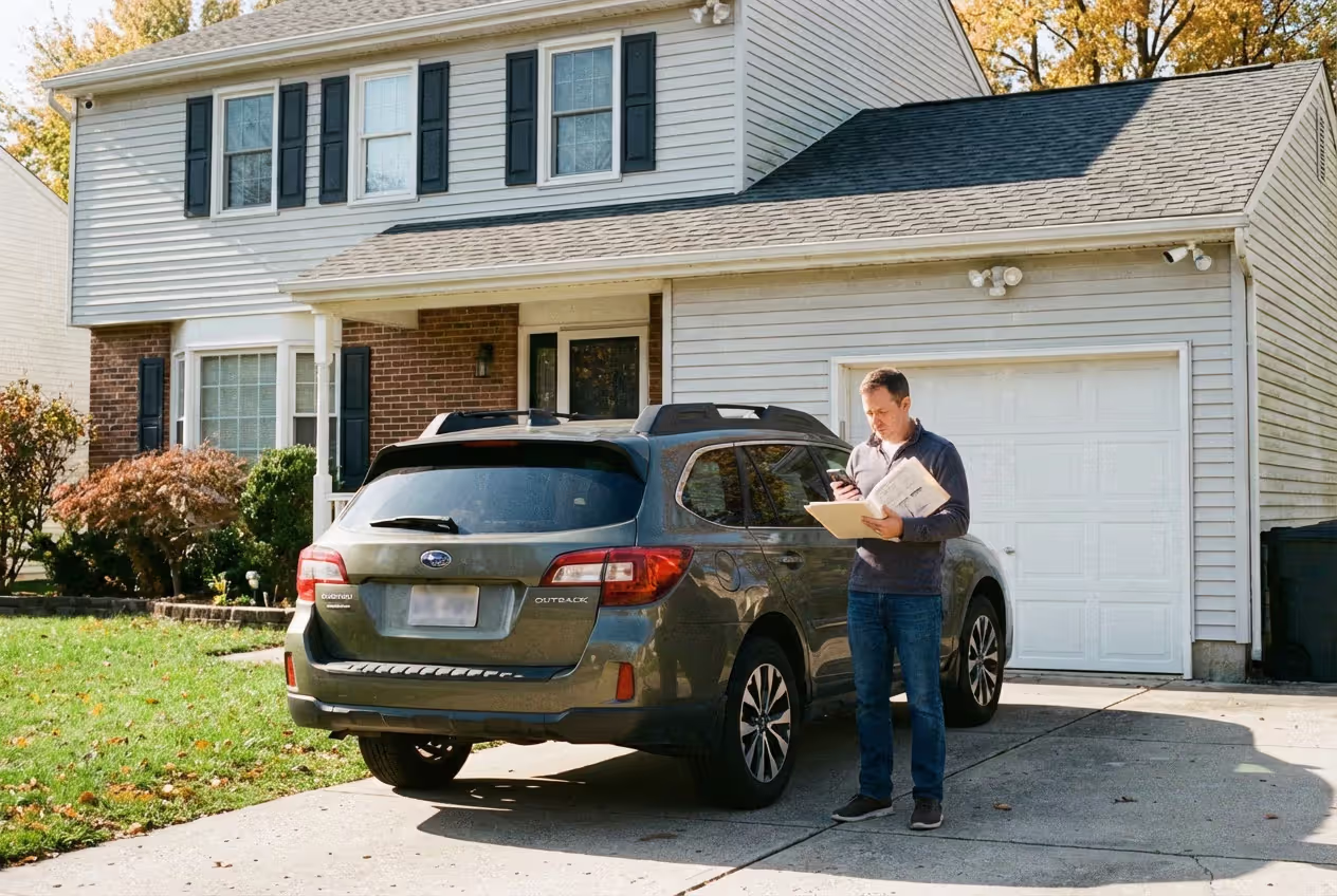 Homeowner reviewing home and auto insurance coverage beside a car