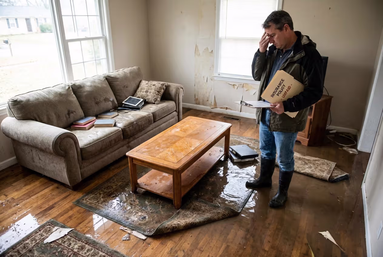 Homeowner assessing water damage after a coverage gap