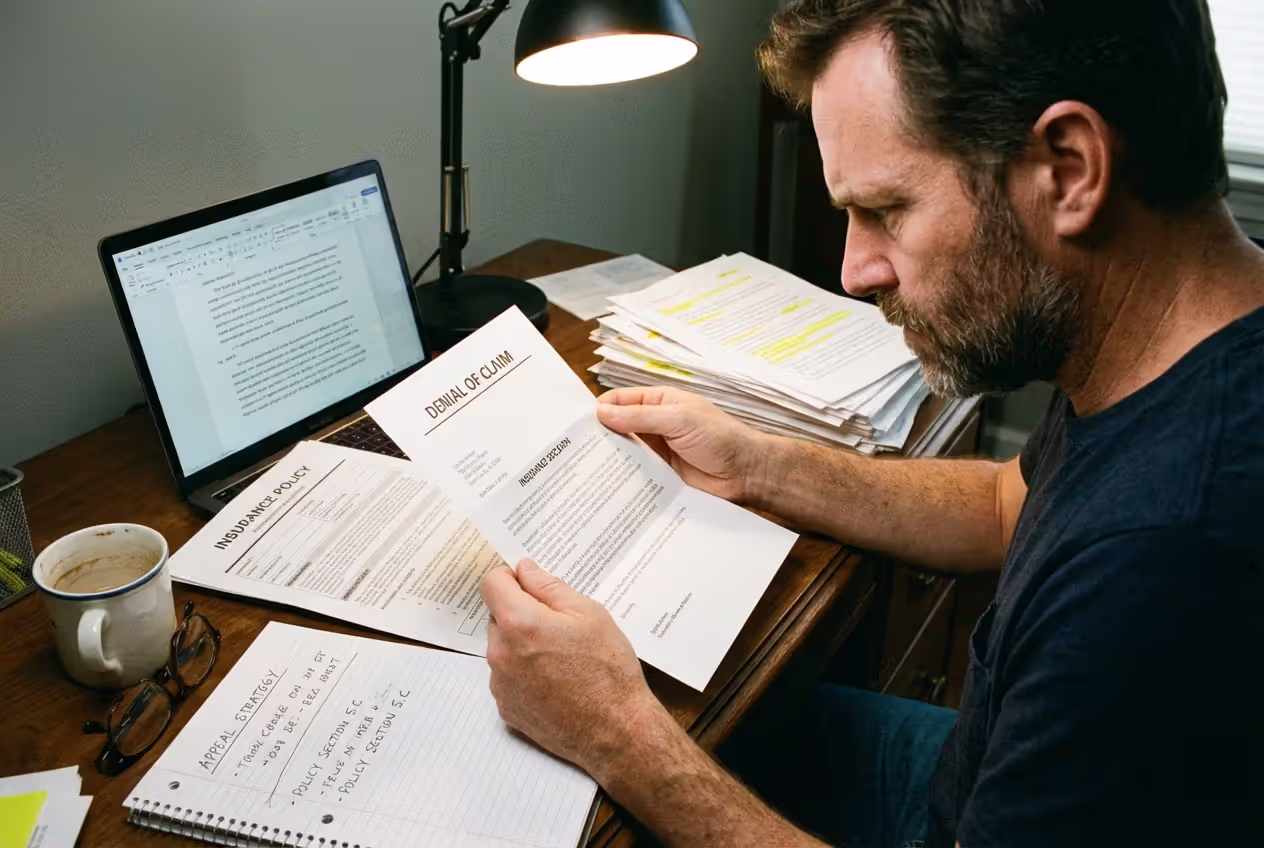 Policyholder reviewing insurance claim denial letter and policy documents