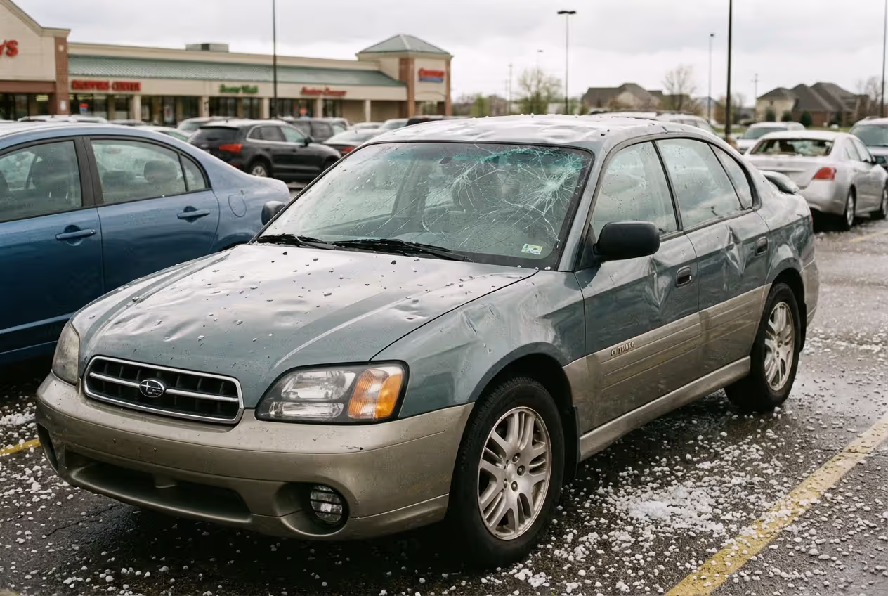Car damaged by hail in a parking lot
