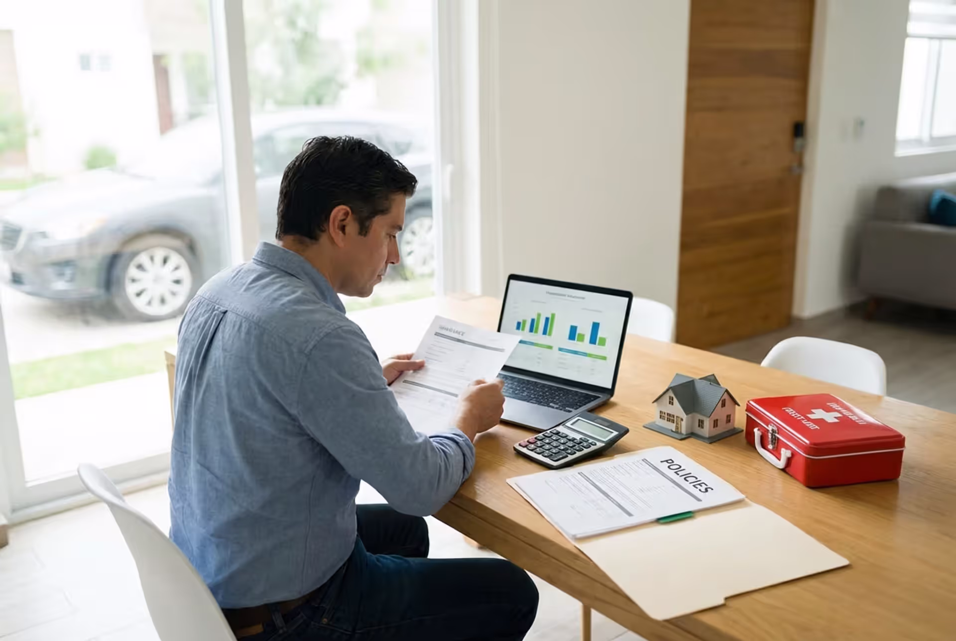 Person reviewing insurance documents at home with symbols of health, auto, and home coverage