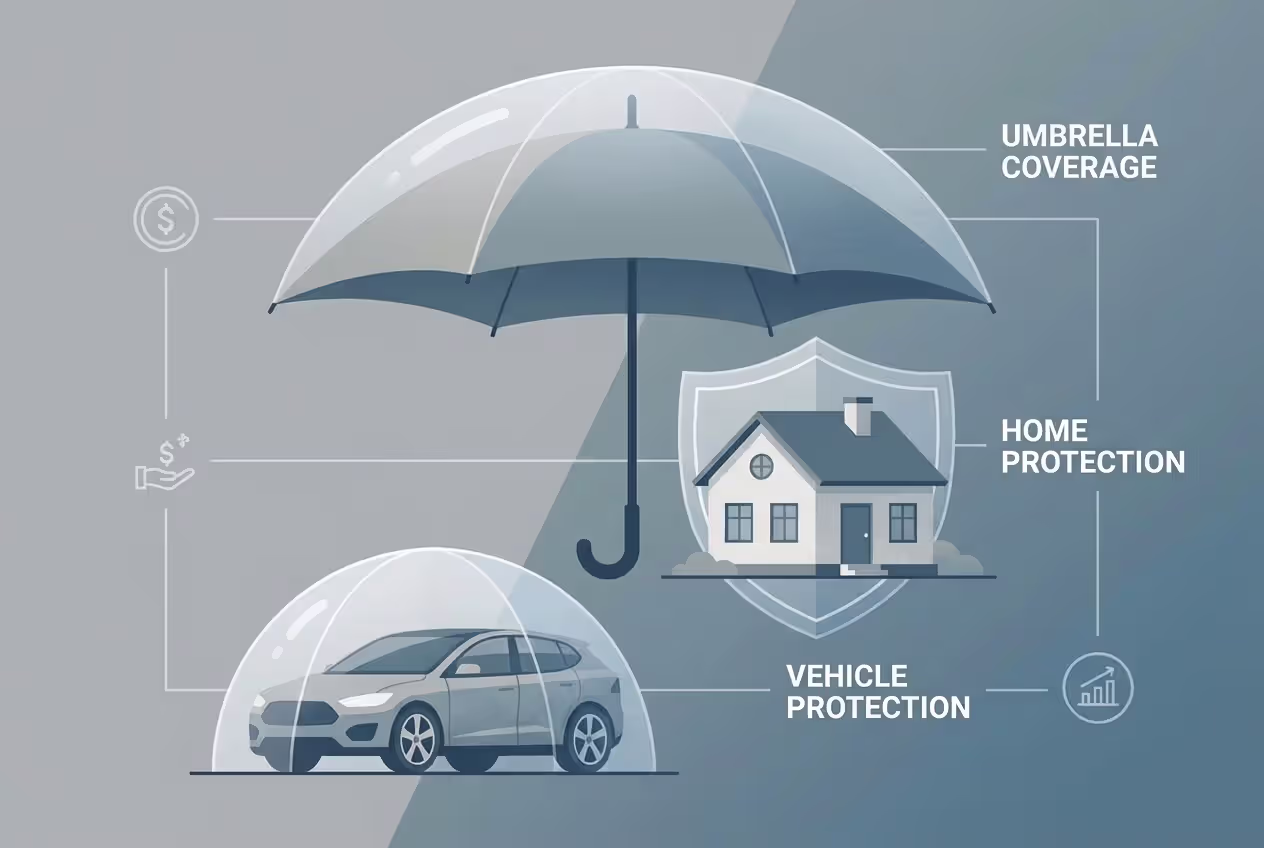 Umbrella insurance concept covering home and car liabilities