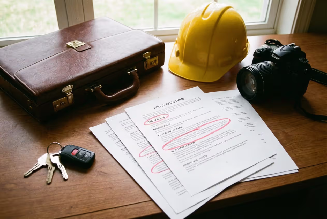 Insurance exclusions concept with policy papers and liability-related items