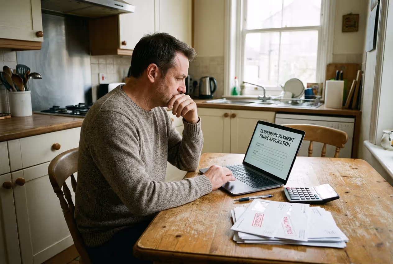 Person reviewing bills and student loan options at a kitchen table