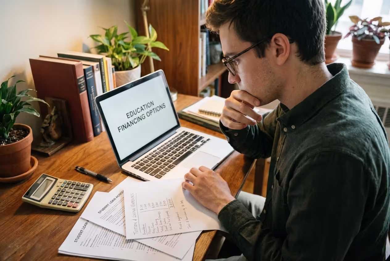 Student comparing graduate loan options at a desk