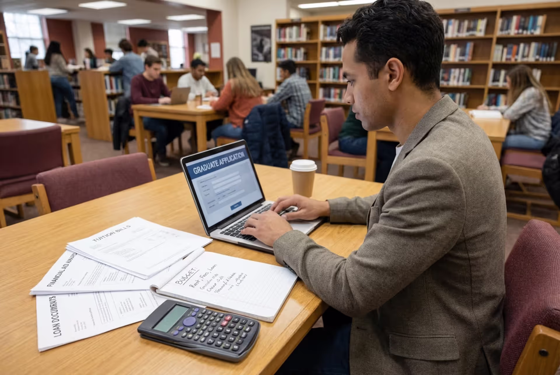 Graduate student reviewing tuition costs and financial aid documents