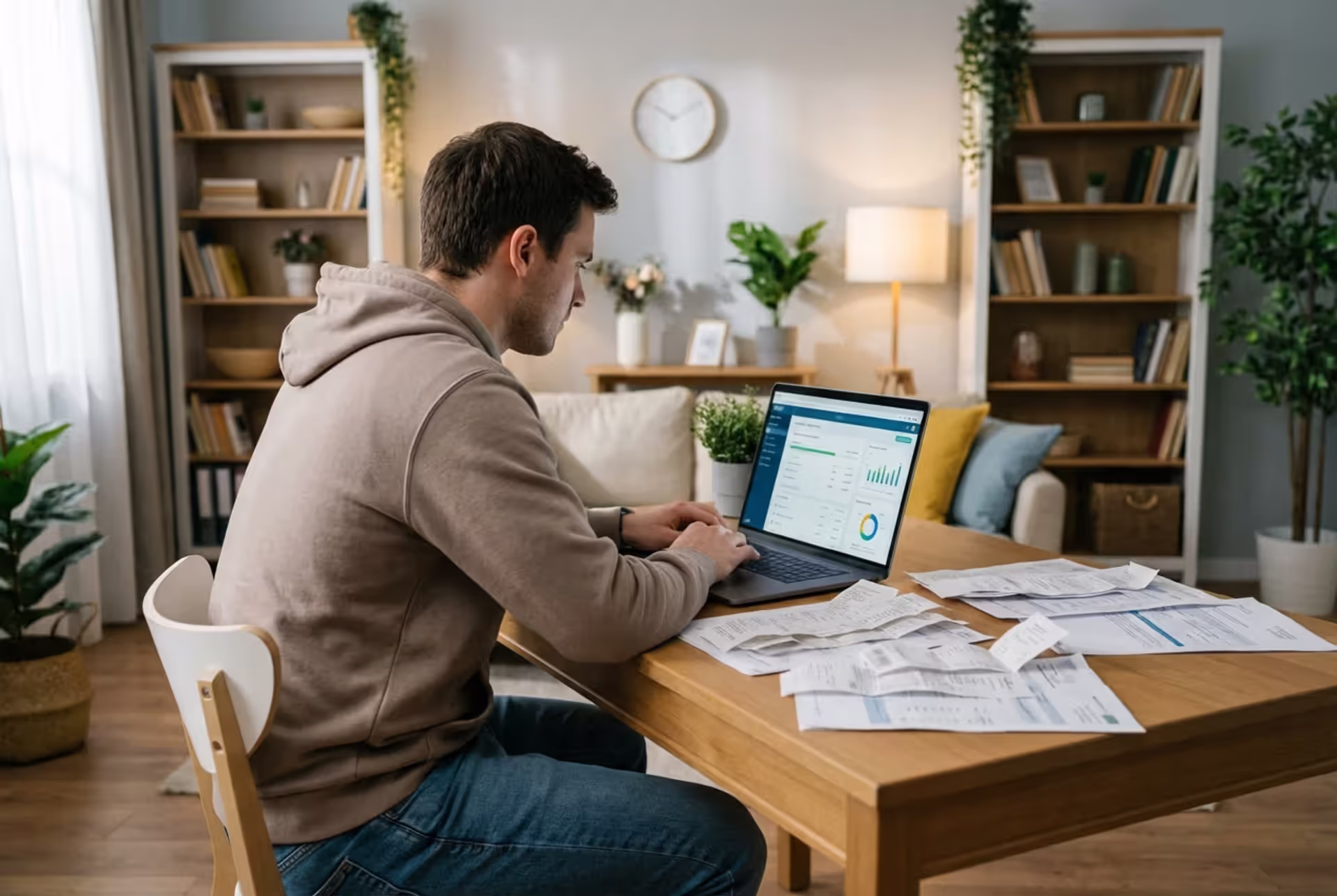 Young adult checking student loan balance on laptop at home