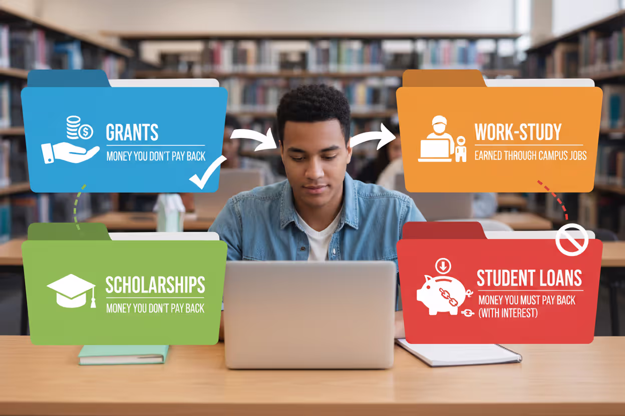 Visual breakdown of grants, scholarships, work-study, and student loans