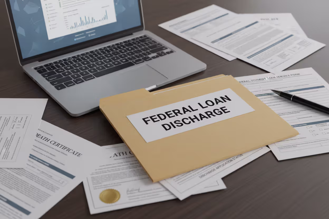 Federal student loan discharge paperwork on a desk