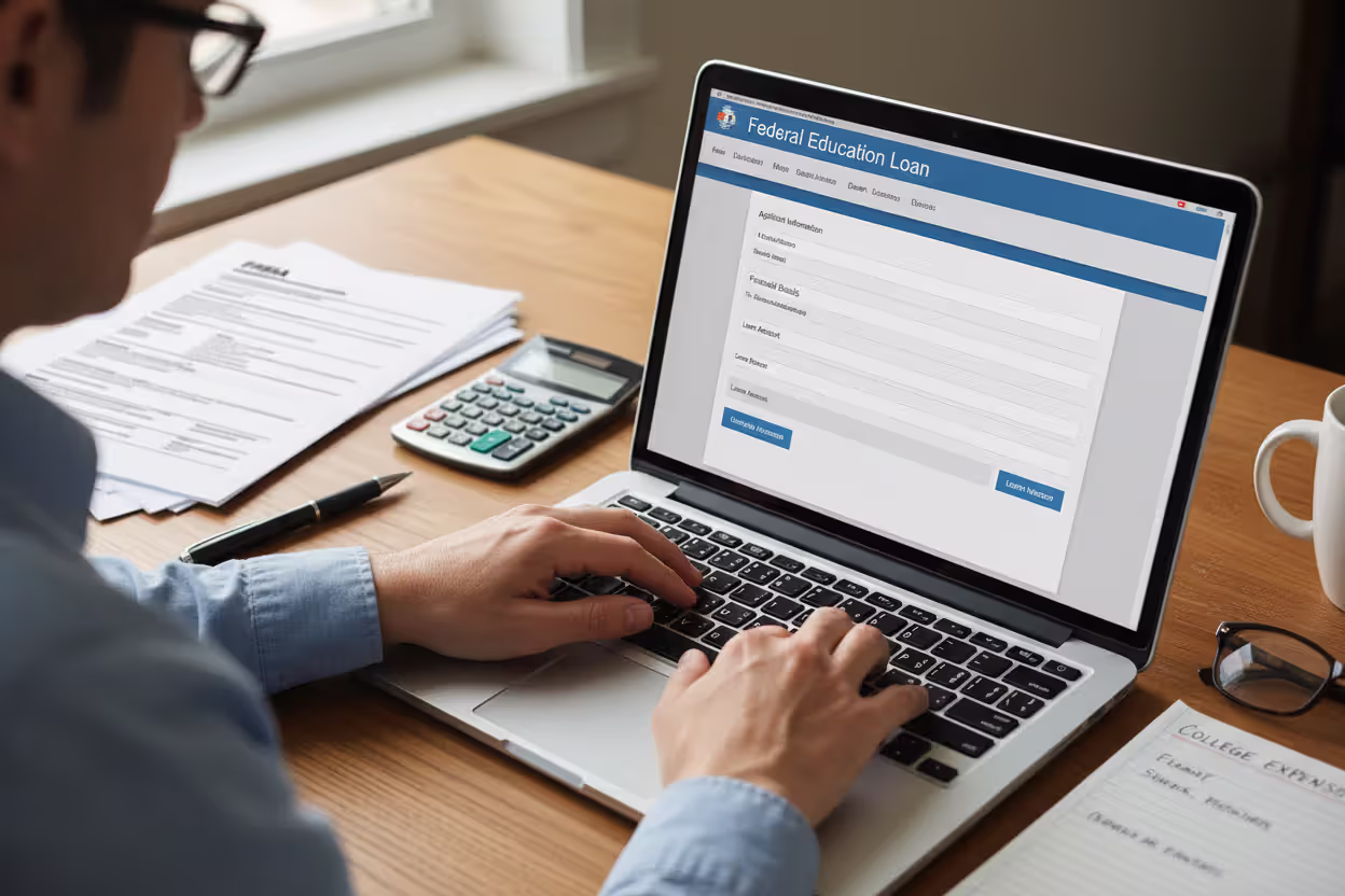 Parent completing an online education loan application on a laptop