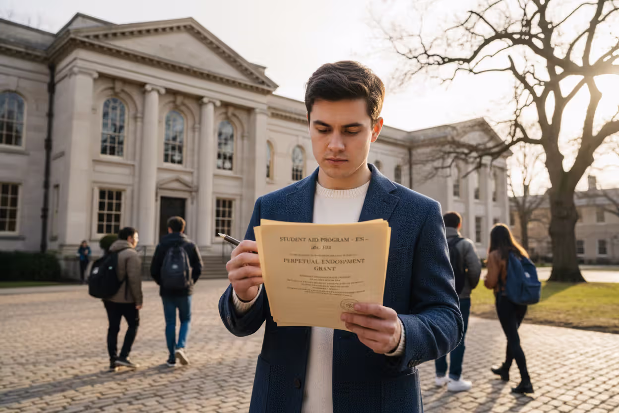 College borrower holding loan paperwork on campus