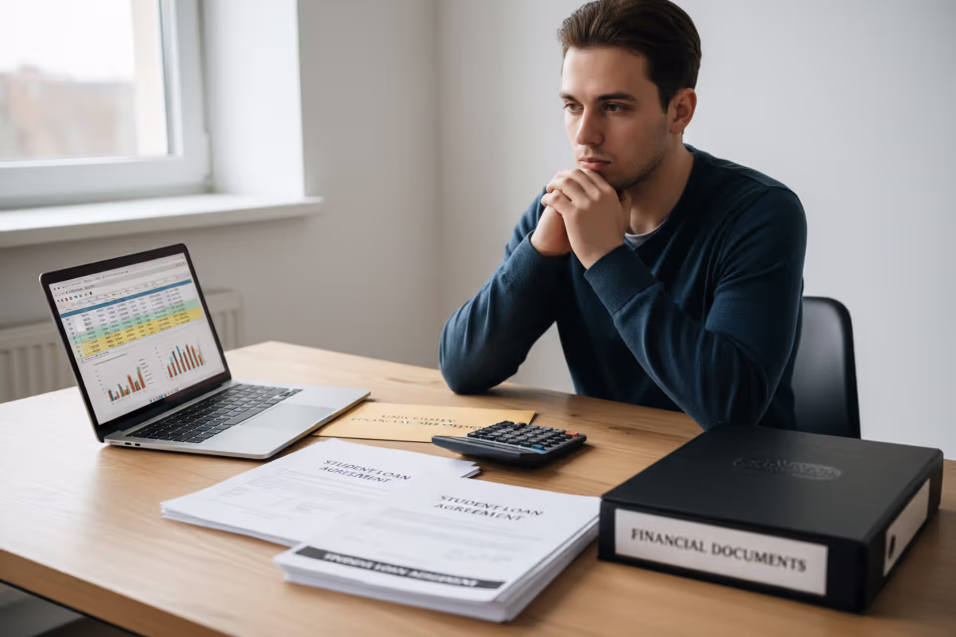 Student reviewing federal student loan documents at a desk