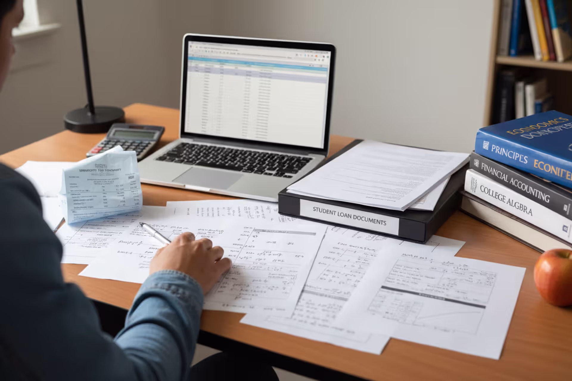 Student reviewing tuition bills and student loan documents at a desk