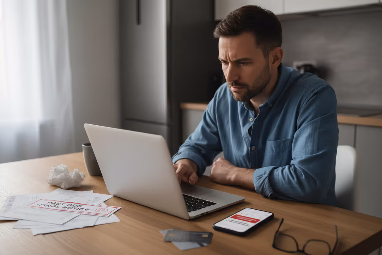 Borrower reviewing overdue loan notice at home