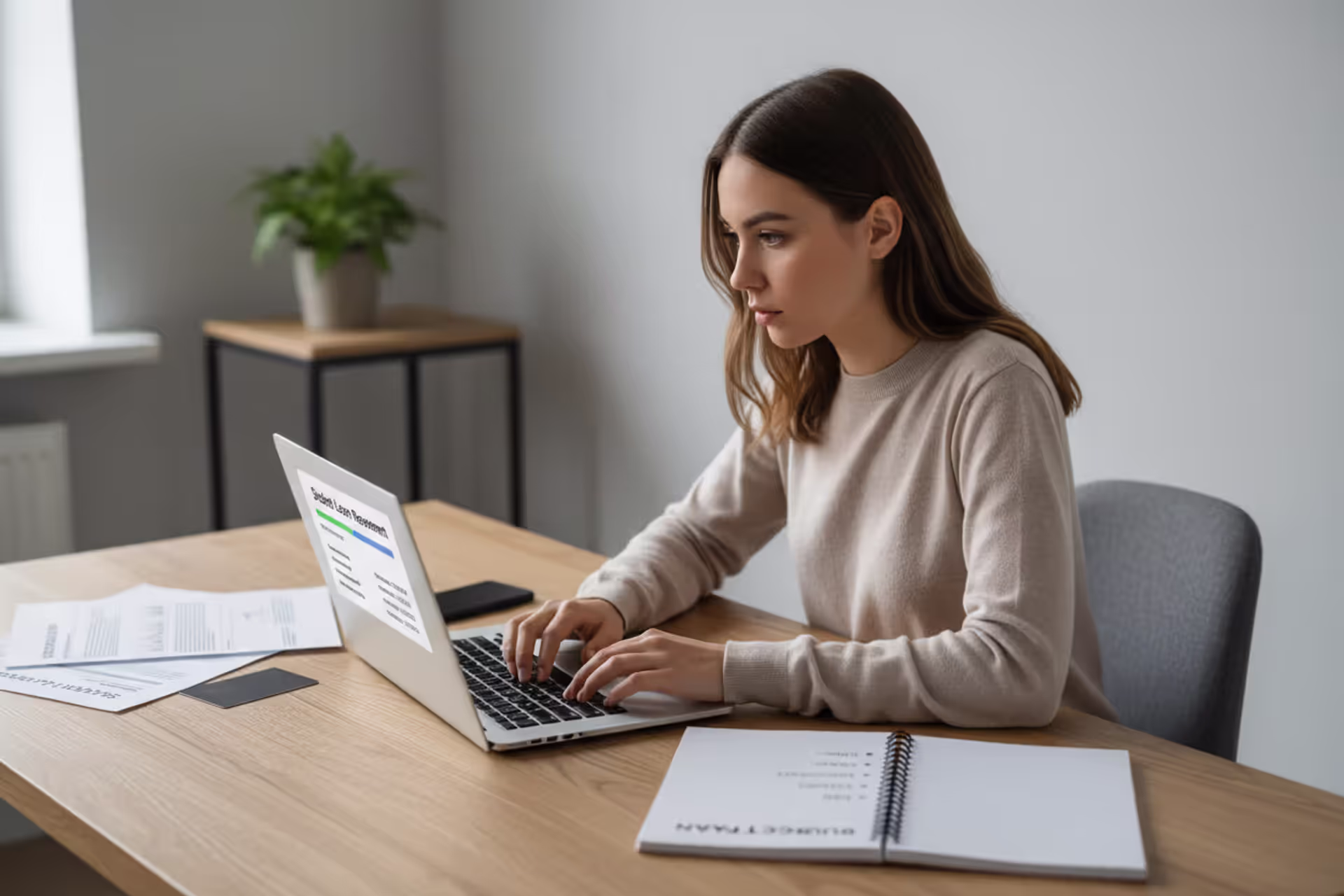 Graduate reviewing student loan repayment details at home