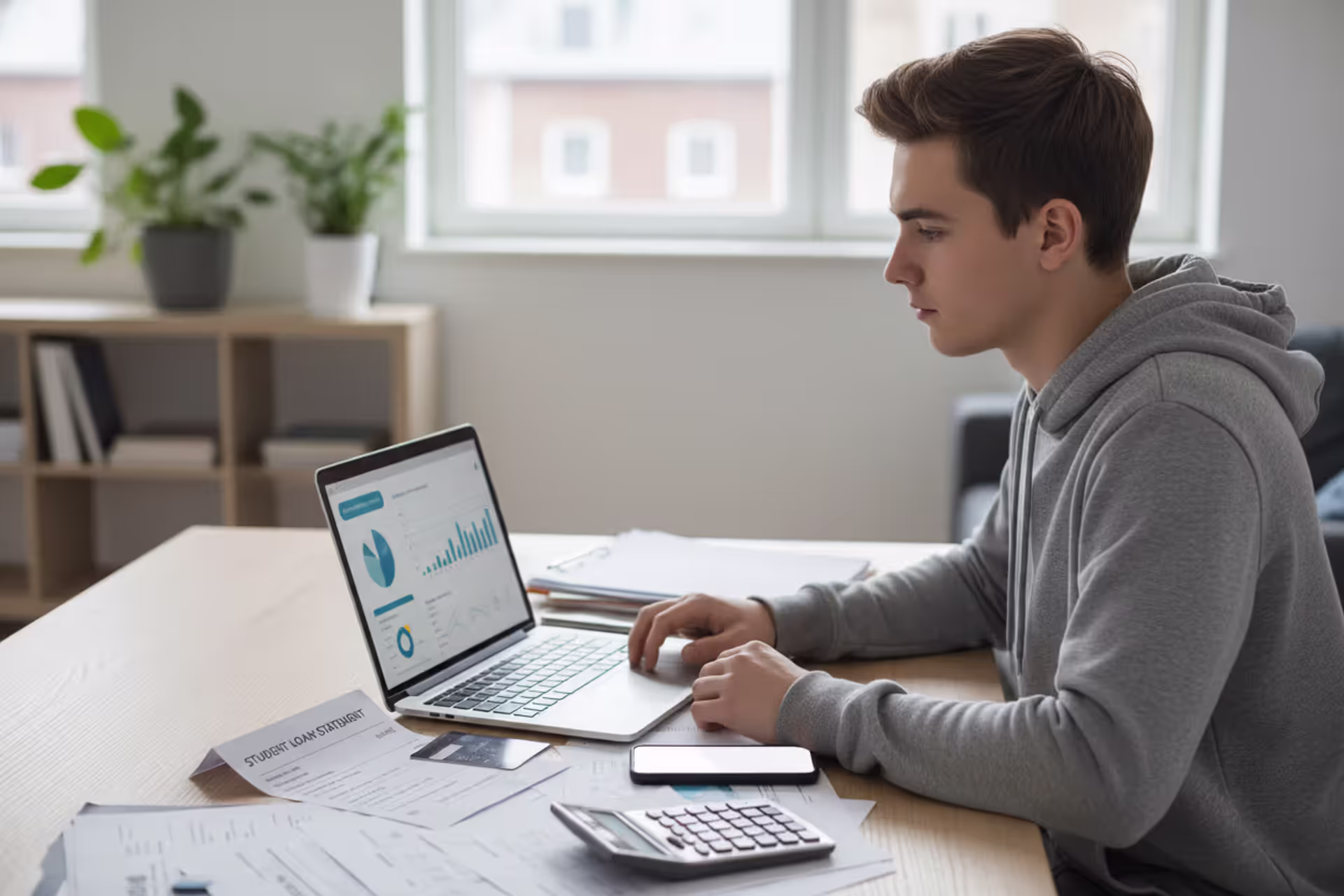 Young borrower reviewing student loan account at home